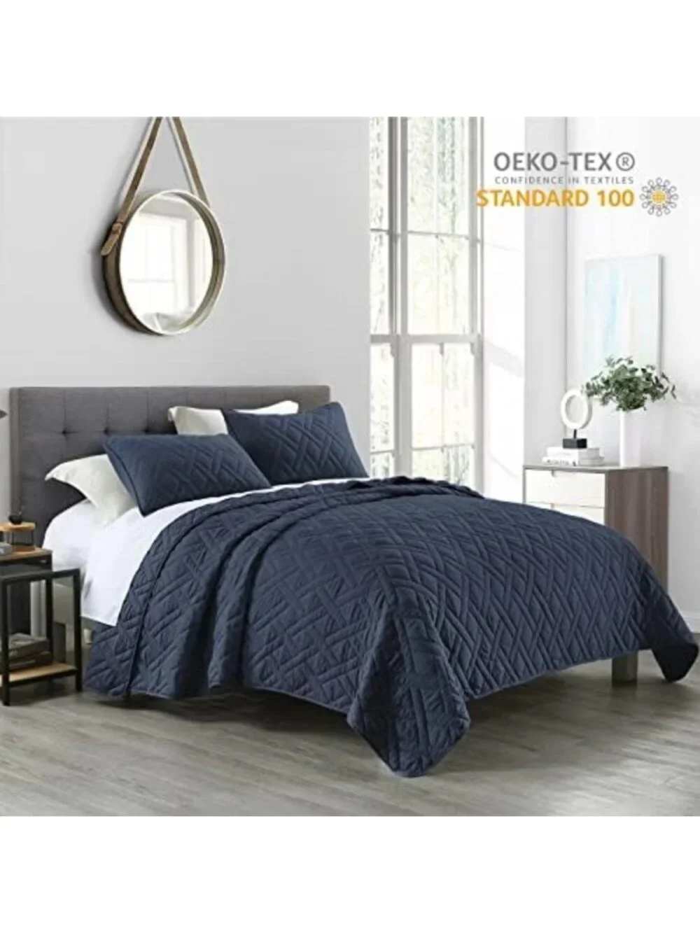 Navy Blue Queen Quilt Set - Soft Microfiber, Geometric Diamond Pattern
